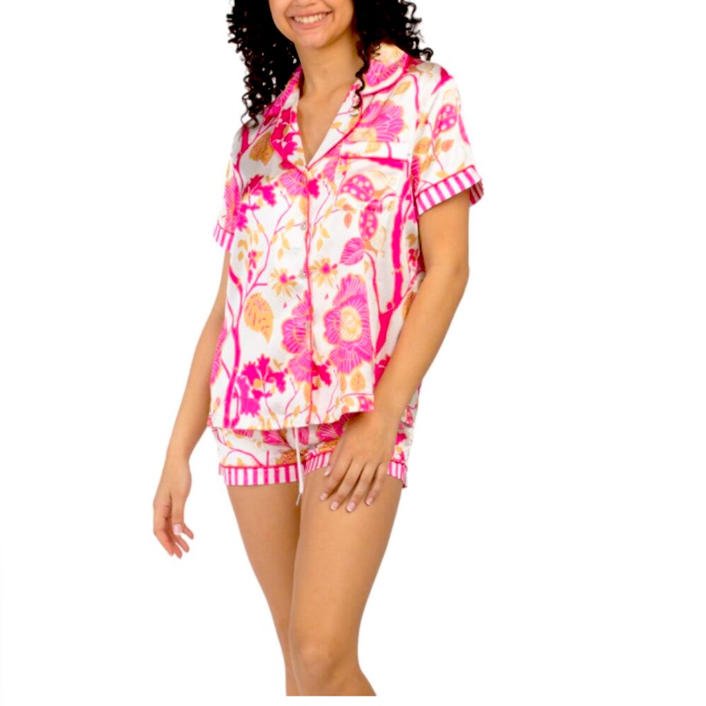 Dalia Macphee 2-Piece Satin Pajama Short Set Pink And White Size Large Floral